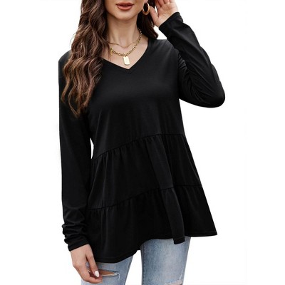 Womens Tops Long Sleeve Gatherting Hemline V Neck Tops Womens T Shirts for Spring