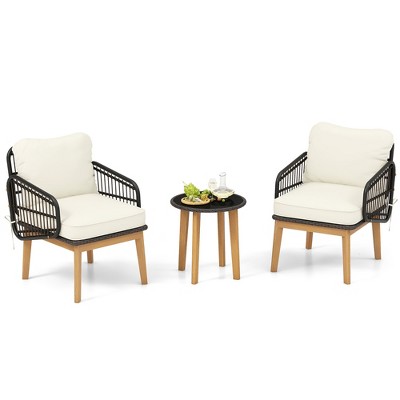 Tangkula 3 Piece Patio Chair Set Wicker Chair & Side Table Set w/ Soft Cushions & Tempered Glass Tabletop