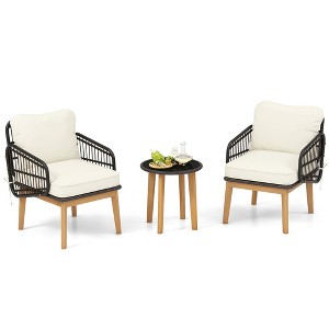 Tangkula 3 Piece Patio Chair Set Wicker Chair & Side Table Set w/ Soft Cushions & Tempered Glass Tabletop - 1 of 4
