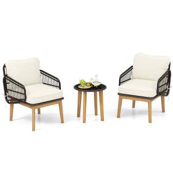 Tangkula 3 Piece Patio Chair Set Wicker Chair & Side Table Set w/ Soft Cushions & Tempered Glass Tabletop