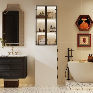 FUFU&GAGA White Fashion Bathroom Cabinet, Mismatch Storage Design, Adjustable Light Strip, Create a Neat and Warm Bathroom Space - 1 of 4
