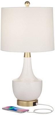 White and Gold Ceramic Mid-Century Modern Table Lamps with USB Ports