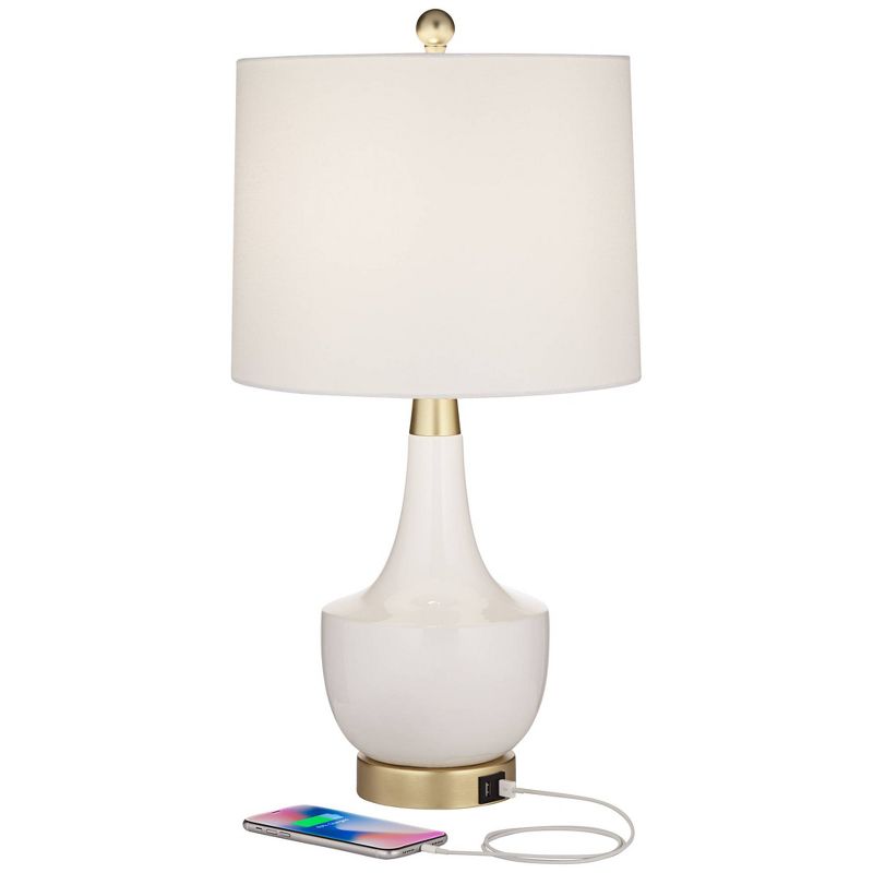 360 Lighting Nesbit 25" High Mid Century Modern Table Lamps Set of 2 USB Port White Gold Ceramic Metal Living Room Charging Bedroom Bedside Nightstand, 3 of 10