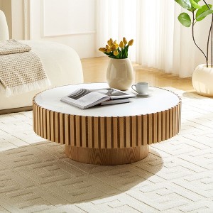 Sapphtopaz 35.43" Round Coffee Table with Fluted Design Wooden Coffee Table with Sintered Stone Tabletop Drum Center Table for Living Room - 1 of 4