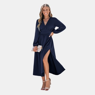 Women's Elegant Navy Blue V-Neck Wrap Maxi Dress with Side Slit - Cupshe