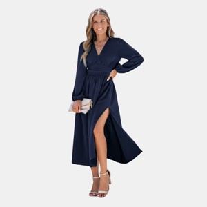 Women's Elegant Navy Blue V-Neck Wrap Maxi Dress with Side Slit - Cupshe - 1 of 4