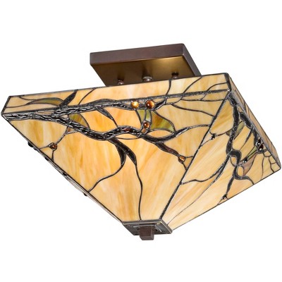 Tiffany-Style Bronze 19" Semi Flush Ceiling Light with Art Glass Shade