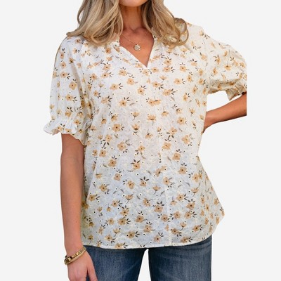 Amaryllis Women’s Embroidered Eyelet Floral Short Sleeve Blouse V-Neck with Ruffle Cuffs Relaxed Fit Lightweight