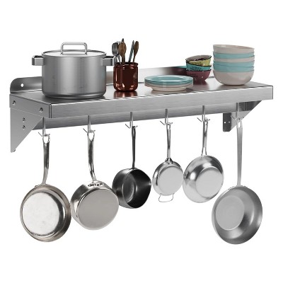 12" x 24" Stainless Steel Wall Mounted Pot Rack Shelf with 5 Hooks, Stainless Steel Shelf, Commercial Wall Mounted, Easy to Clear