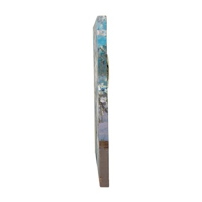 White Blossom Tree Painting on Canvas with Teal and Tan Accents
