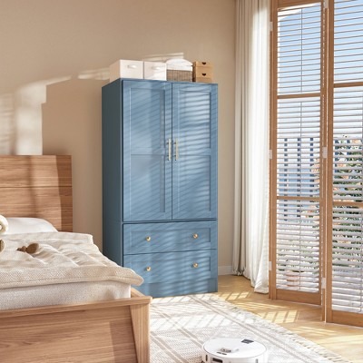 Shaker Style Classic Two-Door Wardrobe, Solid Wood Bedroom Armoire with Hanging Rod and Shelves, Spacious Storage Closet, Modern Farmhouse Design