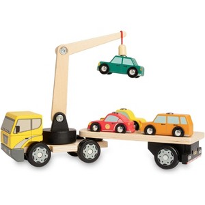 Magnetic Wooden Car Loader with 4 Vehicles and Semi Trailer Interactive Crane Toy Ages 2+ - 1 of 4