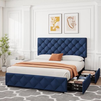 Full Size Bed Frame with 4 Storage Drawers and Headboard, Linen Upholstered Platform Bed Frame