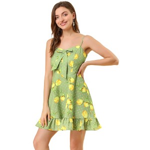 Allegra K Women's Floral Ruffle Bow Knot Lemon Spaghetti Strap Mini Sundress - 1 of 4