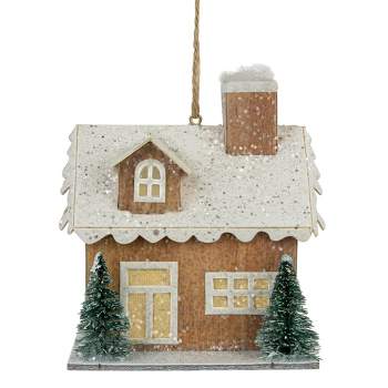 Northlight 4" Battery Operated Tan Brown and White Lighted House Christmas Ornament
