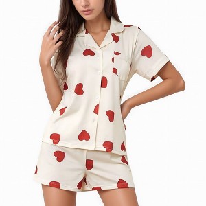 Anna-Kaci Lounge Women's Heart Print Short Sleeve Pajama Set with Chest Pocket and Button Down Top - 1 of 4