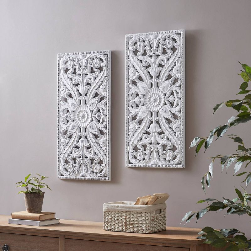 (Set of 2) 15.5&#34; x 31.5&#34; Botanical Wood Carved Wall Panel White, 5 of 10
