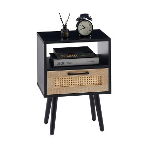 FONTOI 15.75" Rattan Nightstand with Drawer and Legs, Side Table for Living Room Bedroom Home, Black, 11.81"*15.75"*22.05" - 1 of 4