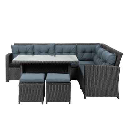 6pc Outdoor Set with Sectional & Glass Table - Black - WELLFOR