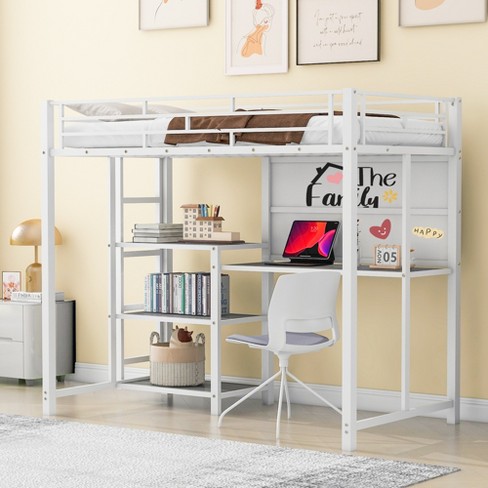 Twin Size Loft Bed With Desk And Whiteboard, Metal Bed With 3 Shelves ...