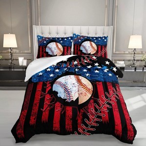 Acoinel 3 Pcs Baseball and American Flag Lightwight Ultra Soft Comforter Set with 2 Pillowcases, Red - 1 of 4