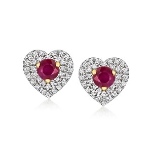 Ross-Simons 0.50 ct. t.w. Ruby and .15 ct. t.w. Diamond Heart Stud Earrings in 14kt Yellow Gold - 1 of 3