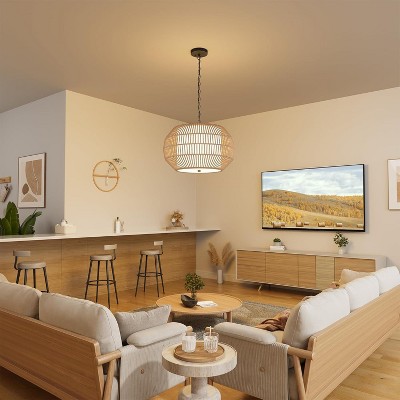 Rattan Farmhouse Chandelier Light Fixture, 5-Light Large Pendant with Fabric Shade, Rustic Hand-Woven Hanging Light for Dining Room, Kitchen Island