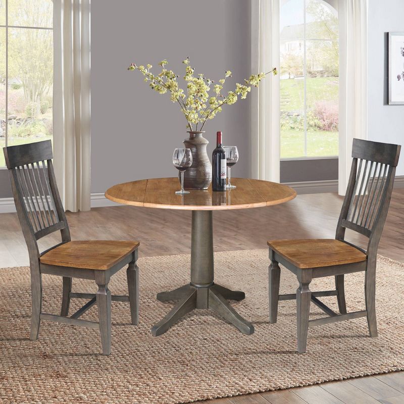42&#34; Round Dual Drop Leaf Dining Table with 2 Slat Back Chairs Hickory/Washed Coal - International Concepts, 2 of 9