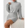 Long Lantern Sleeve Ribbed Knit Sweater Dress, Turtle Neck Bodycon Mini Pullover Dress for Women, Fall and Winter Fashion Light Gray - 4 of 4