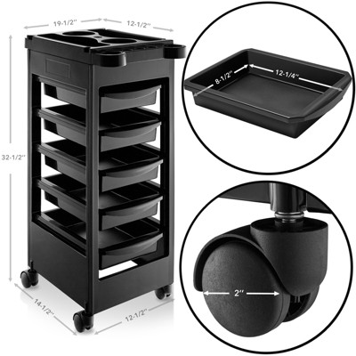 Black High-Quality Plastic Rolling Salon Trolley Cart with 5 Drawers