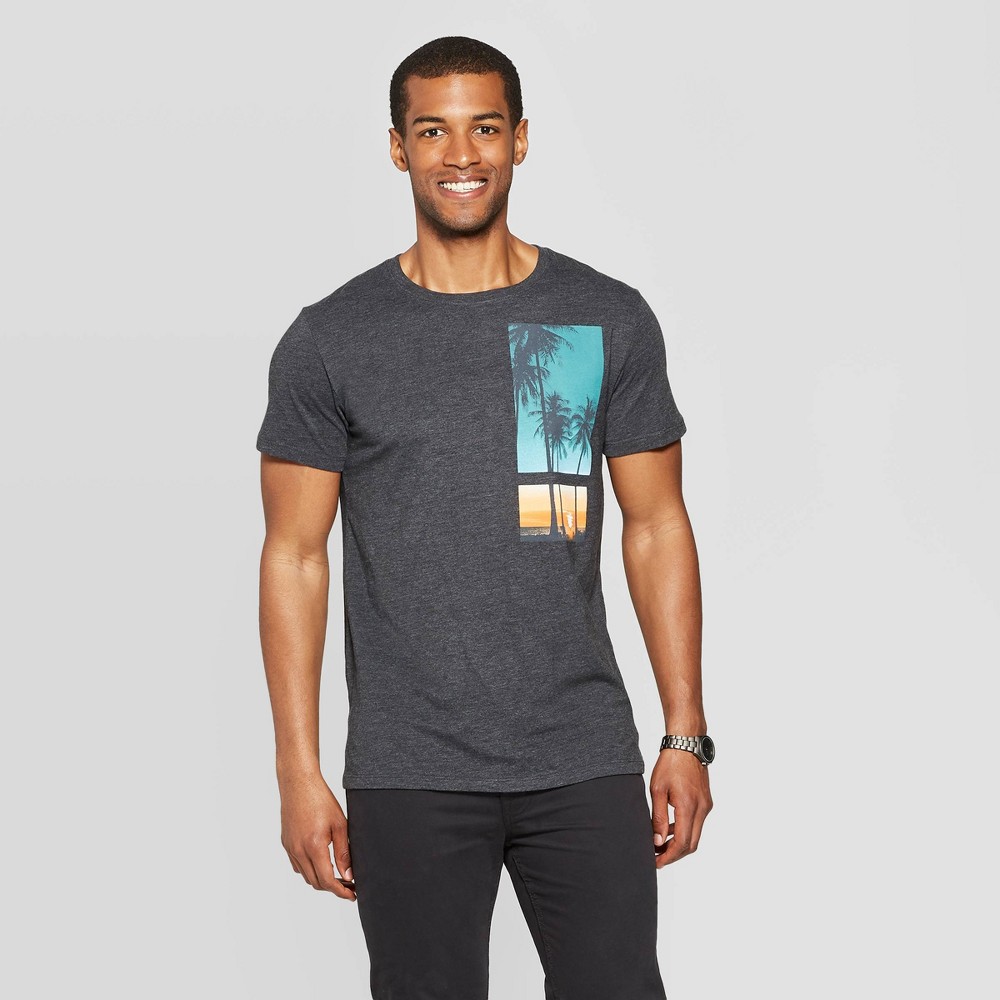 Men's Standard Fit Palms Sunset Short Sleeve Crew Neck Graphic T-Shirt - Goodfellow & Co Charcoal Heather M, Grey/Grey was $9.99 now $8.0 (20.0% off)