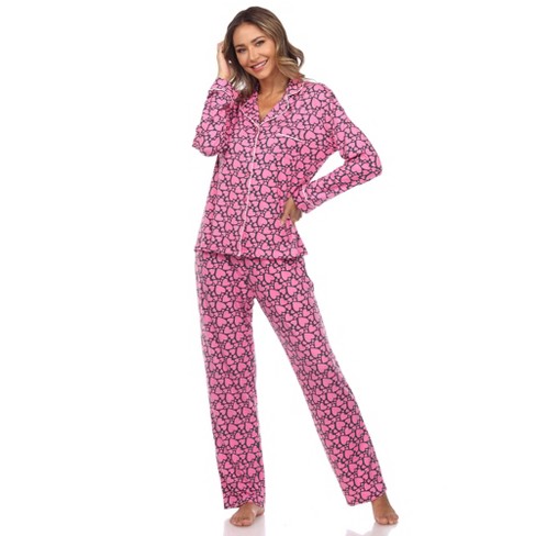Women's Long Sleeve Heart Print Pajama Set Pink Large - White Mark