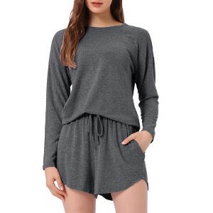 cheibear Women's Long Sleeve Top and Elastic Waistband Shorts with Pockets Pajamas Set - 1 of 4