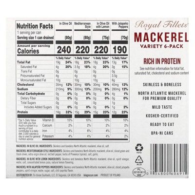 King Oscar Royal Fillets Mackerel Variety Pack, 6 Cans, 4.05 oz Each