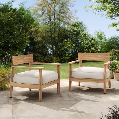 Outdoor Acacia Wood Lounge Chair with Curved Back and Beige Fabric Cushion,Modern Patio Club Chair for Garden,Wooden Lounge Chair-Coolbibila