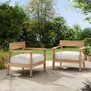 Outdoor Acacia Wood Lounge Chair with Curved Back and Beige Fabric Cushion,Modern Patio Club Chair for Garden,Wooden Lounge Chair-Coolbibila - 1 of 4