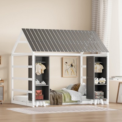 Twin Size Wooden House Bed with Fence and Roof