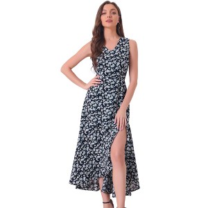 Allegra K Women's Floral Print Summer A-Line High Low Side Slit Sleeveless Midi Sundresses - 1 of 4