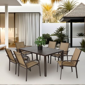 7 Pieces Patio Dining Set, Outdoor Furniture Table and 6 Textilene Chairs with Rectangular Table and 6 Stackable Chairs - 1 of 4