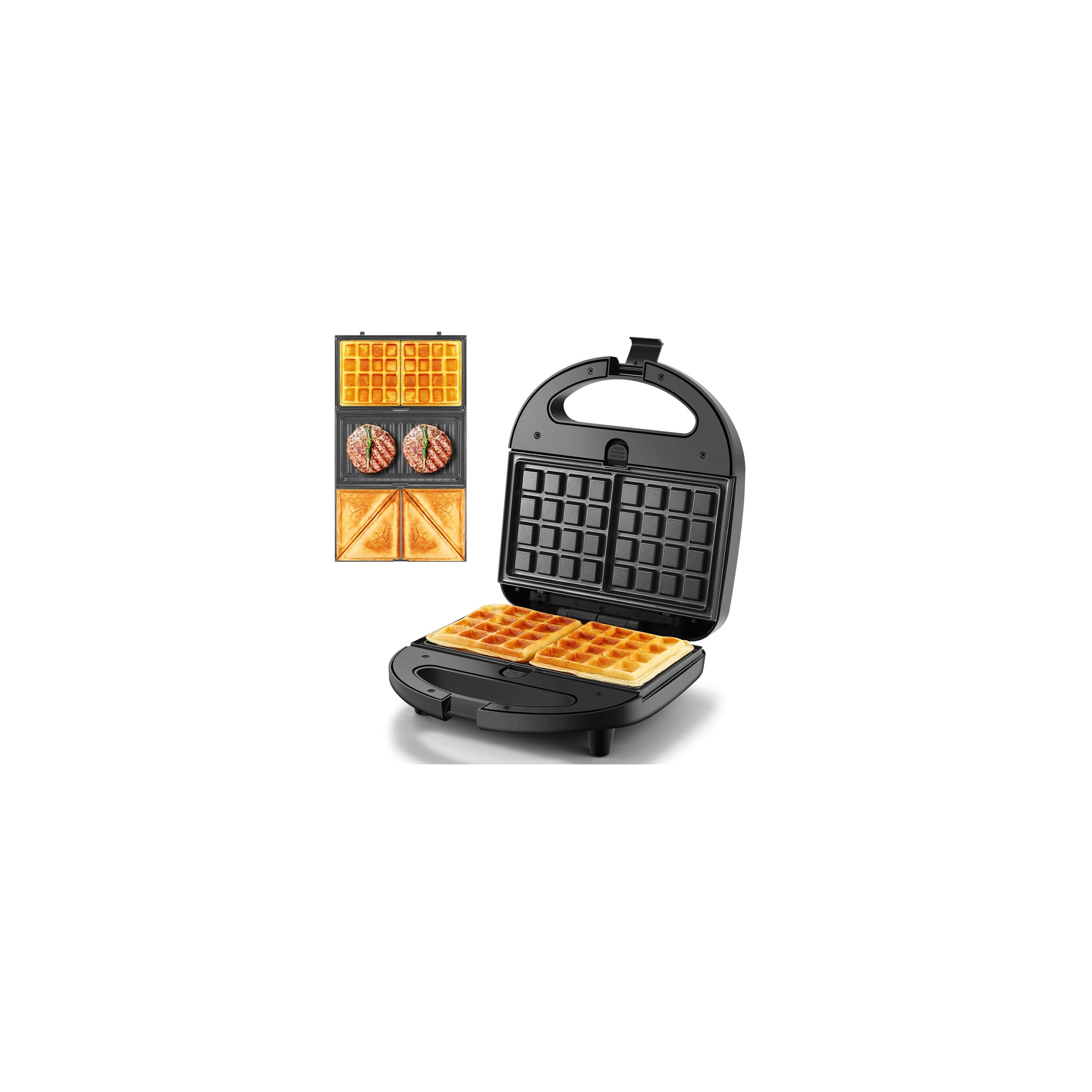 OSTBA 3-in-1 Sandwich Maker, Panini Press, Waffle Iron with 3 Removable Non-Stick Plates, 750W Toaster for Sandwiches, Grilled Cheese, Steak — Black