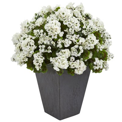 Red Geranium Artificial Plant in Gray Clay Planter