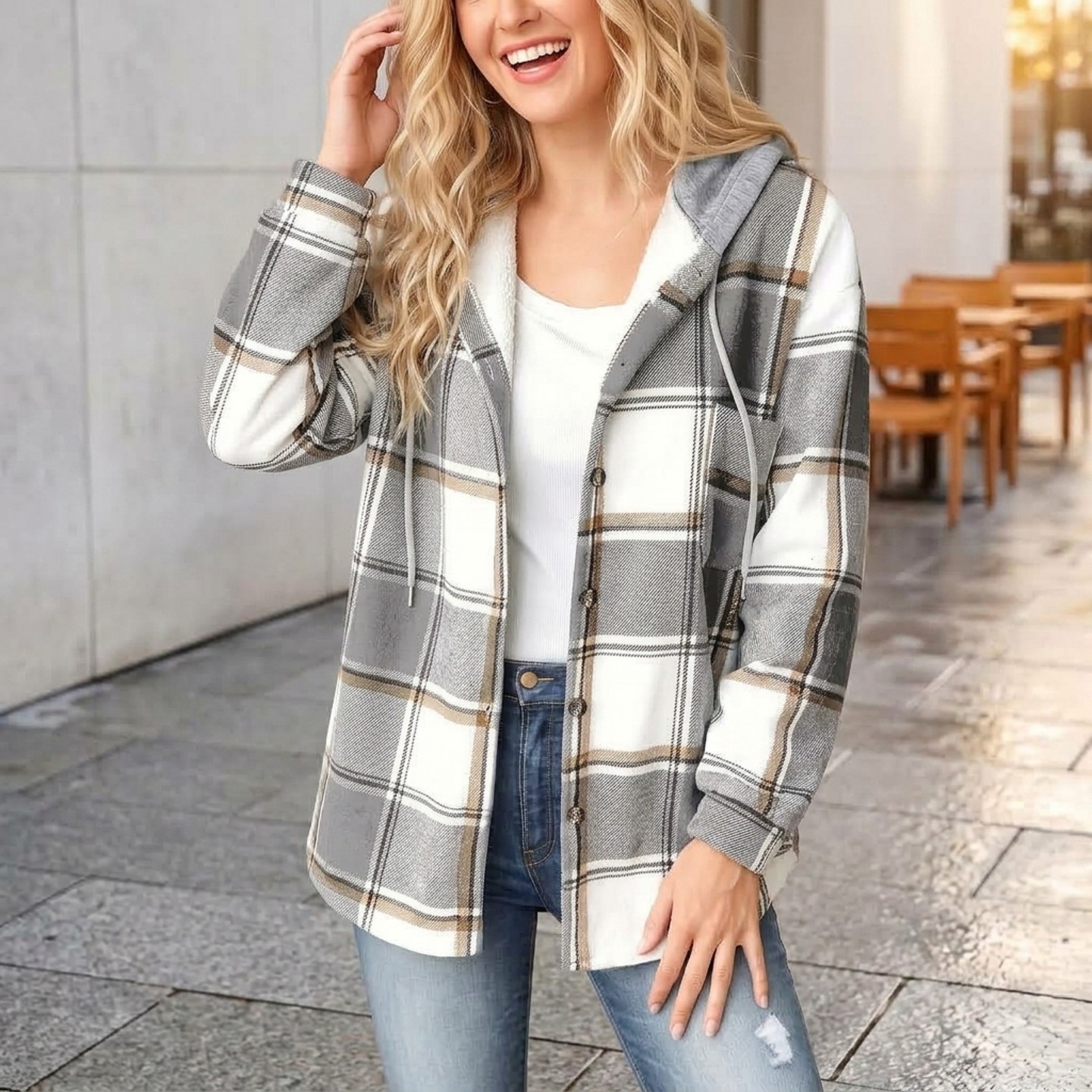 Женские куртки mysuntown Plaid Hooded Jackets for Women, Fleece Lined Winter Coat with Drawstring, Single Breasted Casual Outerwear — фото 1