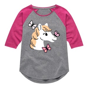 Girls' - Instant Message - Horse Butterfly Shirt Tail Raglan Graphic T-shirt - 1 of 4