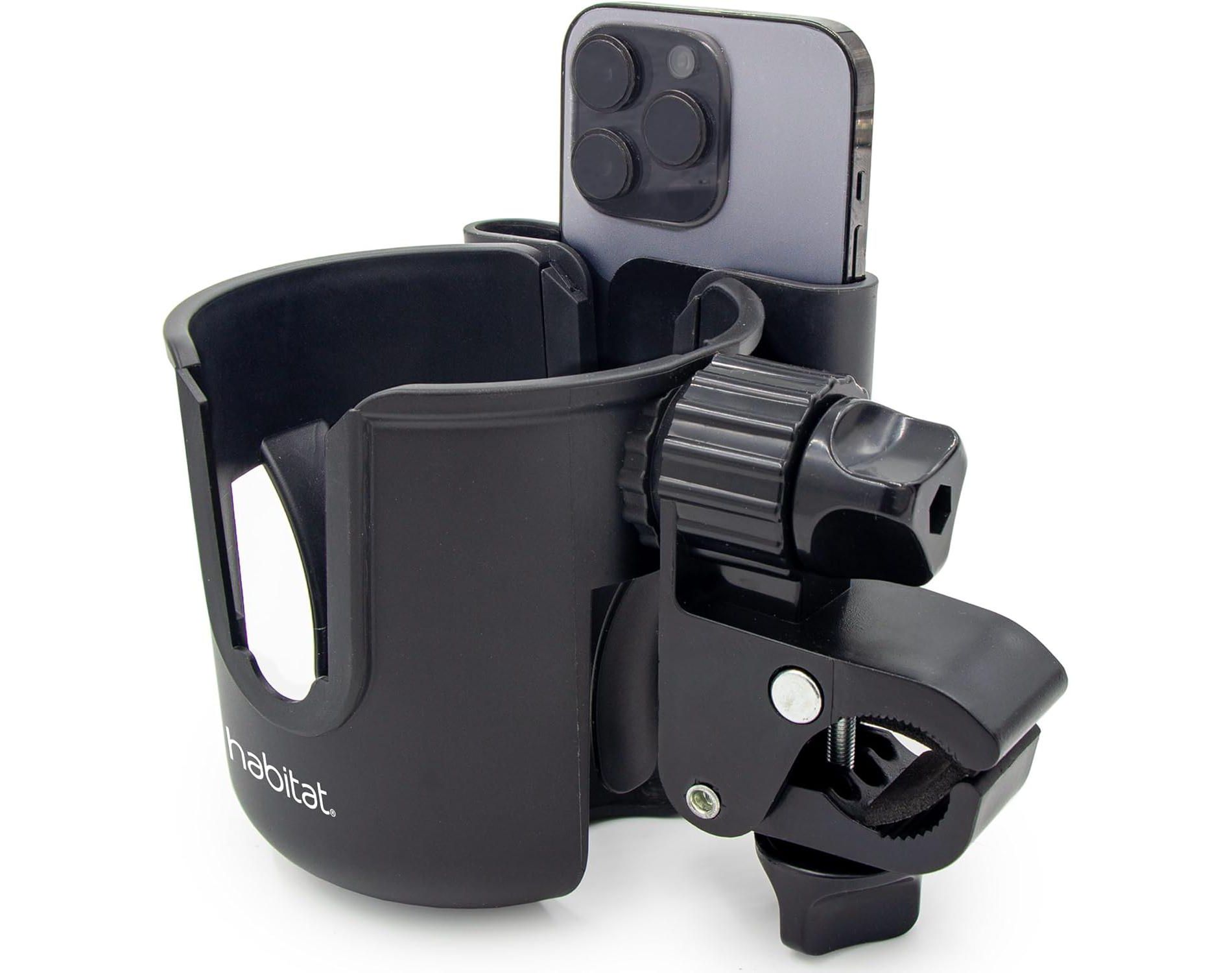 Habitat Universal Stroller Cup Holder Attachment with Phone Holder - Adjustable Drink and Phone Organizer for Baby Strollers,Walkers, Bikes &