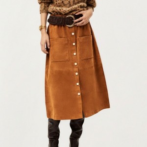Anna-Kaci Women's Button Front Midi Skirt with Soft Corduroy Texture, Structured Patch Pockets and Flattering A-Line Shape - 1 of 4