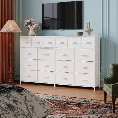 63" Wide Heavy-Duty Dresser,18 Fabric Drawers w/ Charging Station, Steel Frame & Wood Top for Bedroom Storage