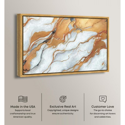 Gold and White Marble Abstract Canvas Wall Art with Gold Frame, 24" x 16"