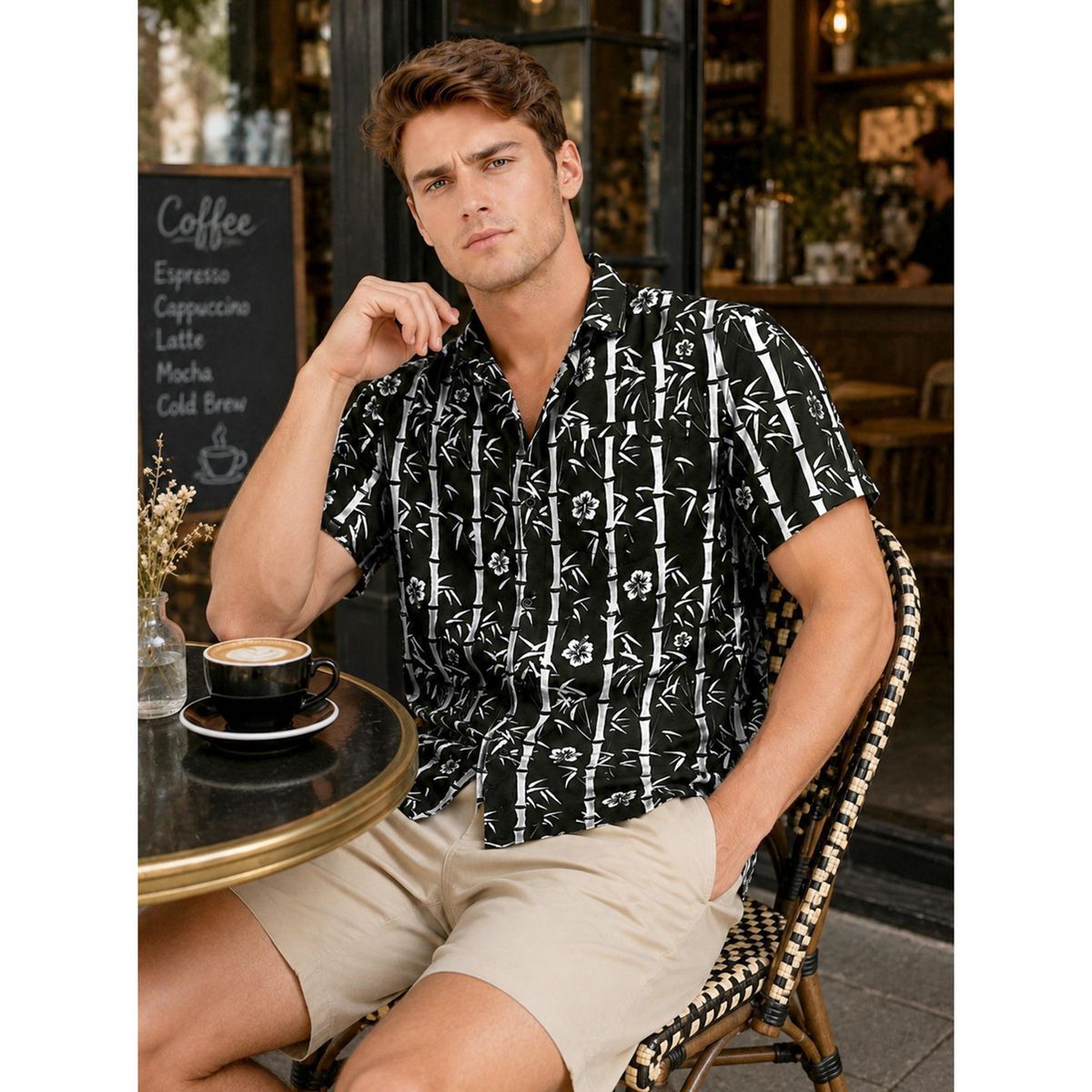 LA LEELA Men's Hawaiian Shirt Vacation Funny Party 3X-Large Black Leaves - thumbnail 3