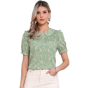 INSPIRE CHIC Women's Peter Pan Collar Smocked Puff Short Sleeve Ruffle Floral Blouse - 1 of 4