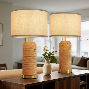 KAISITE  Farmhouse Table Lamp Set of 2 with Rattan & Linen Shades - 1 of 4
